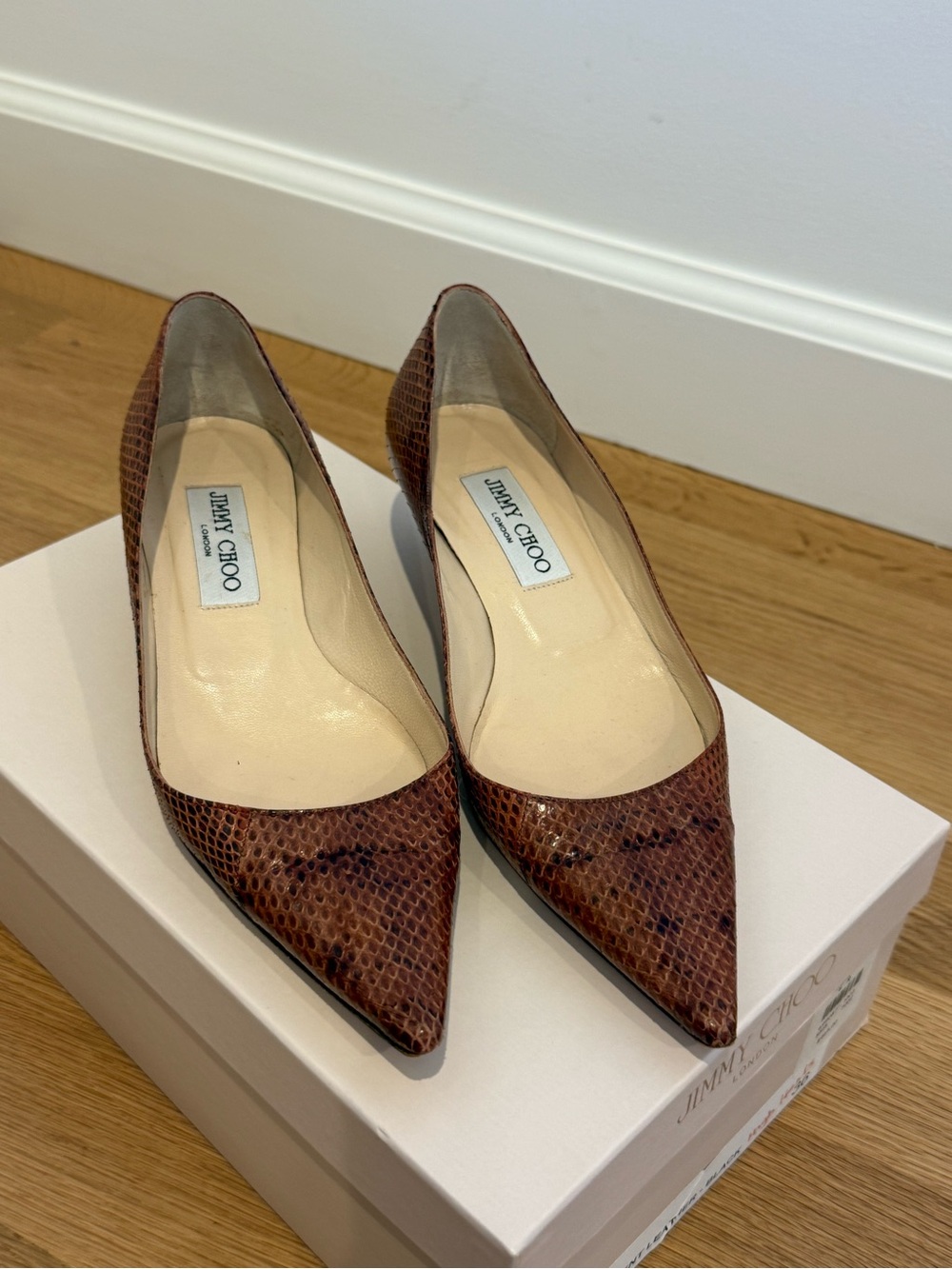 Jimmy Choo Brown Snakeskin Pointed Toe Kitten Heel Pumps EU 36